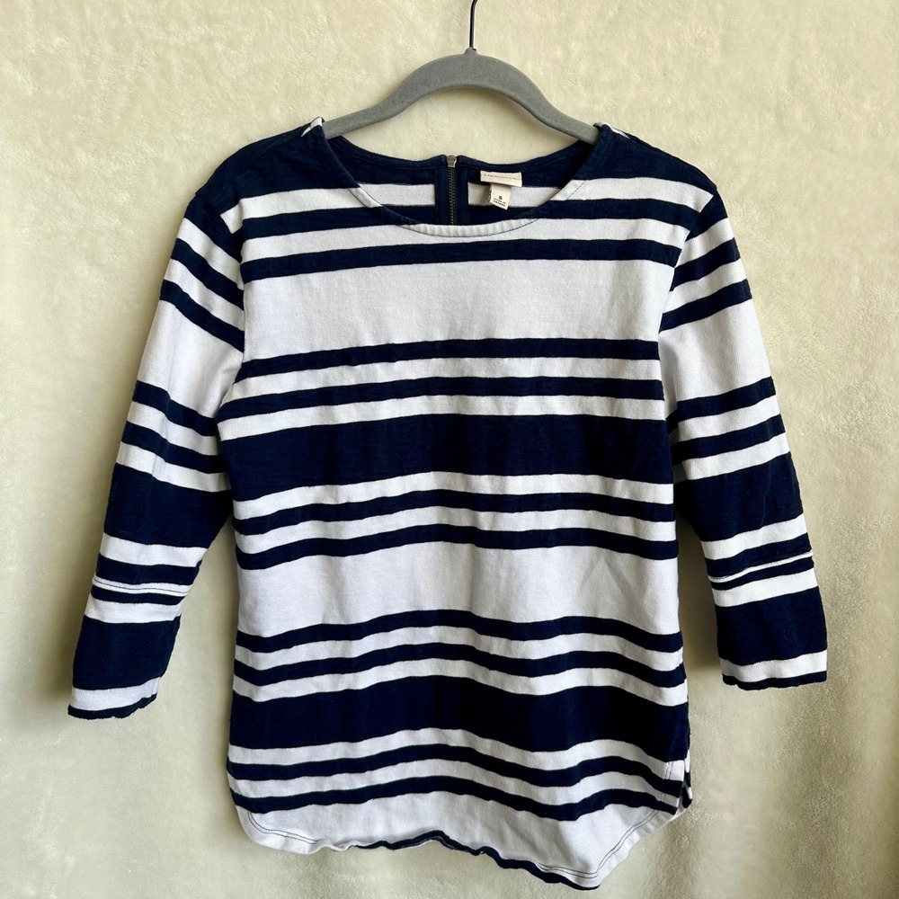 Merona Navy White Striped‎ 3/4 Sleeve Top Small Back Zip Coastal Nautical Cotton
